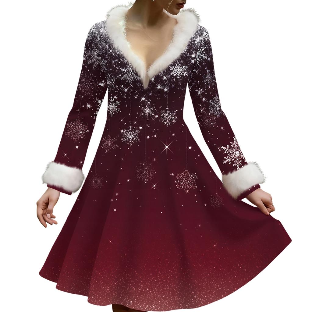 Damska codzienna sukienka z dekoltem w serek, z pluszowym nadrukiem świątecznym i długim rękawem