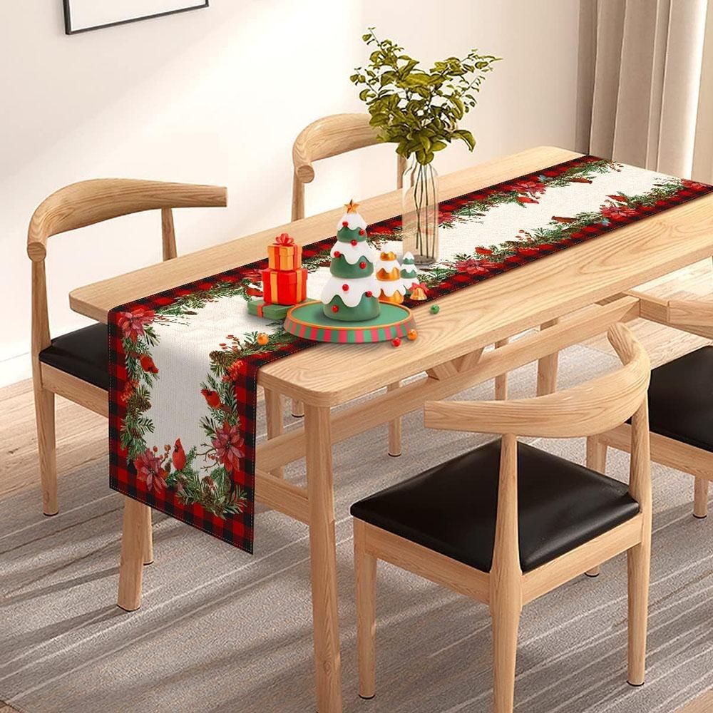 Christmas Cardinal Table Runner Buffalo Plaid Check Poinsettia Holly Xmas Win