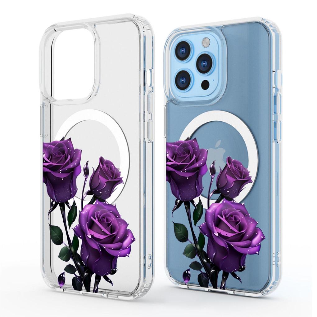 Purple Flower Magnetic Clear Case for iPhone 15/16/17 Pro Max - Full Coverage Protection