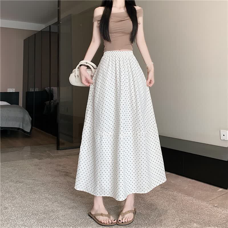 ZOSE Polka Dot Elastic High Waist A-Line Midi Skirt XL