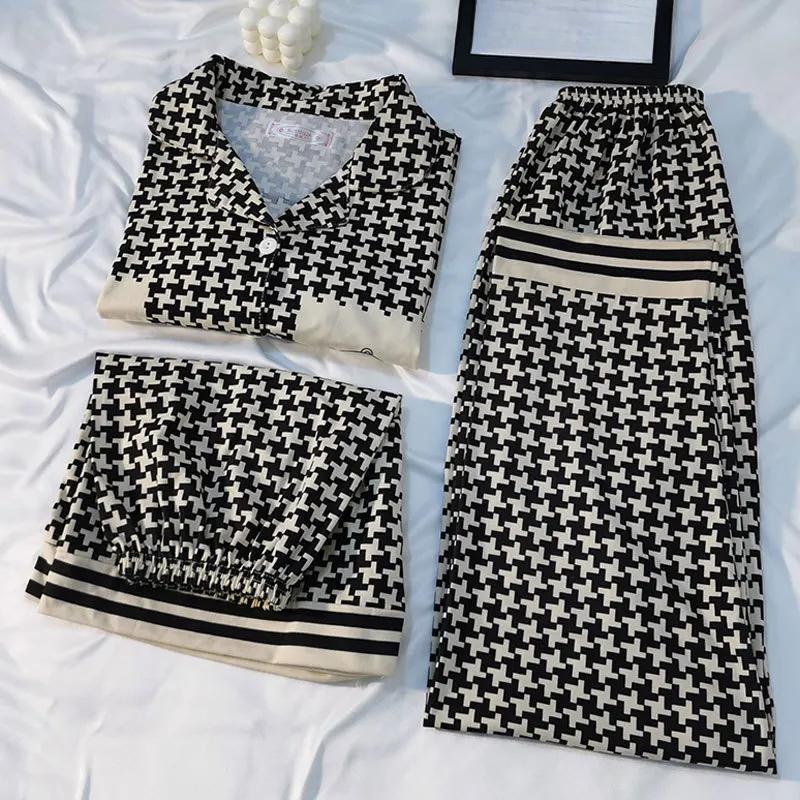 New Summer Ladies Three-Piece Pajamas Homewear Girls Short-Sleeved Trousers Card Spring and Autumn Wear Casual Pajamas Homewear