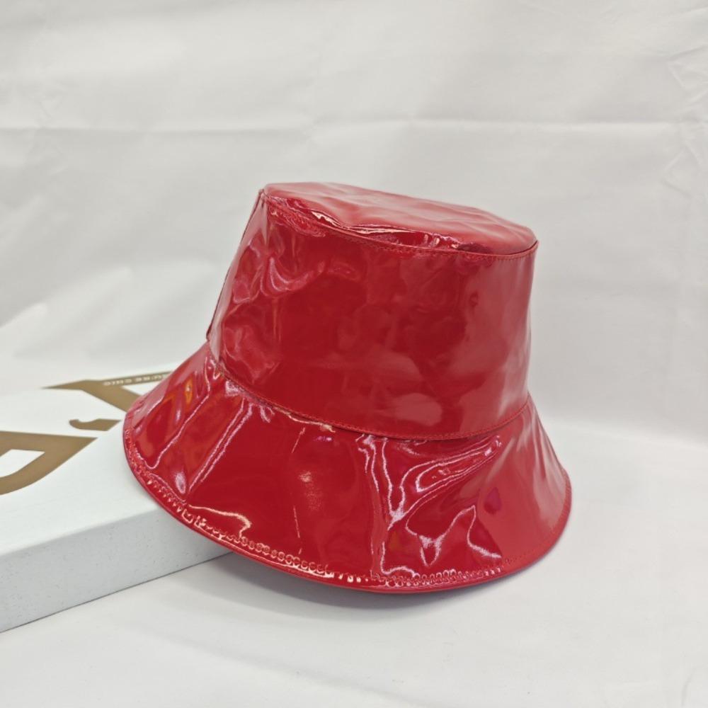 

Solid Color Leather Bucket Hat Waterproof Fisherman Cap Fashion Panama Cap For Women Men червоний