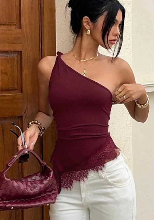 European and American Summer New Metal Buckle Slanted Shoulder Lace Splicing Irregular Hem Vest