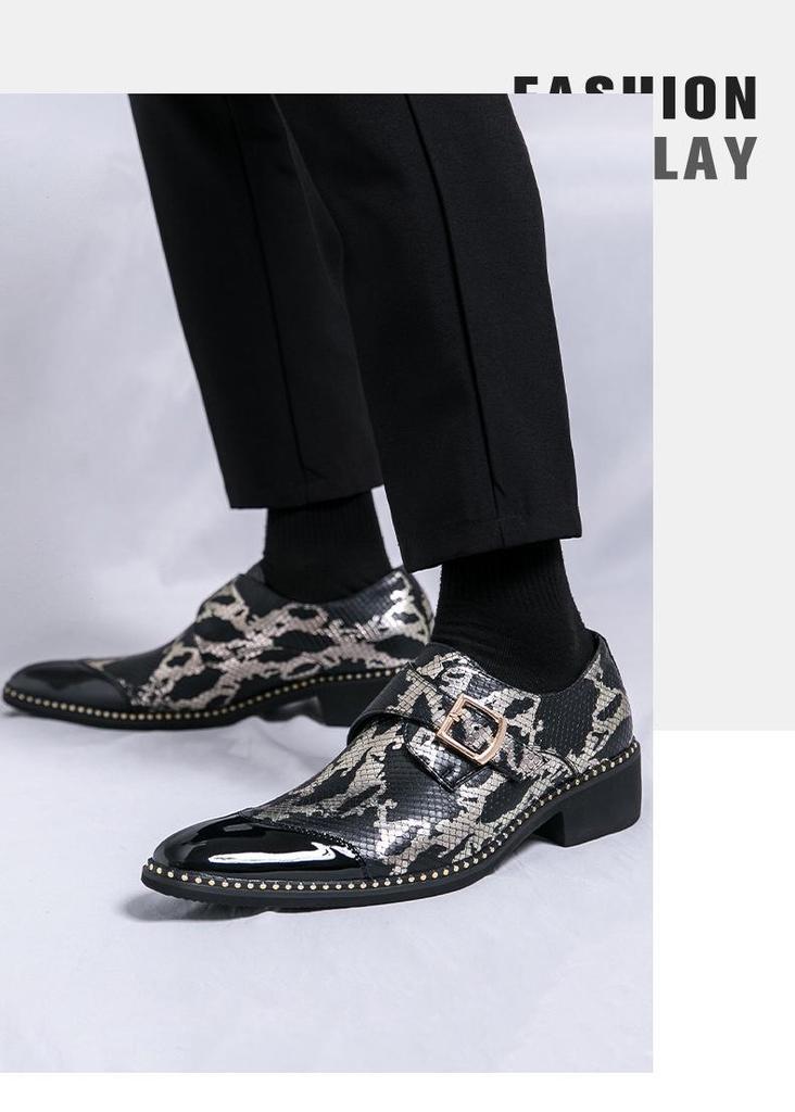 Cross-Border Plus Size Snake Print Leather Monk Strap Men's Shiny Pointed Toe Wedding Party Shoes
