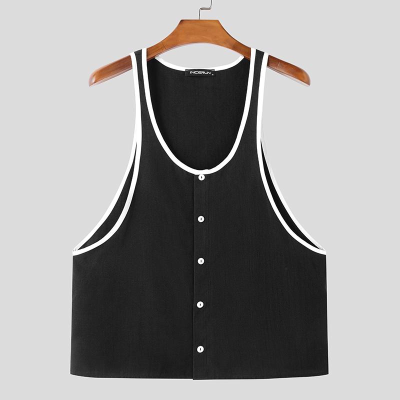

INCERUN Летние мужские повседневные майки без рукавов на пуговицах с бретельками 2XL чёрный