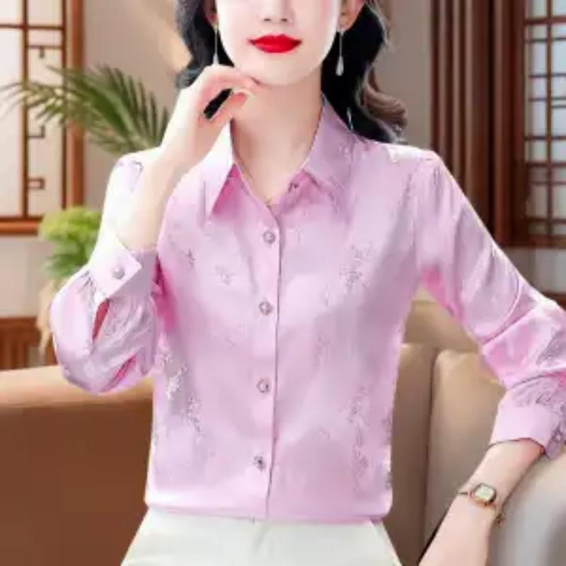 

Women Spring Satin Floral Button Down Long Sleeve Elegant Blouse M розовый