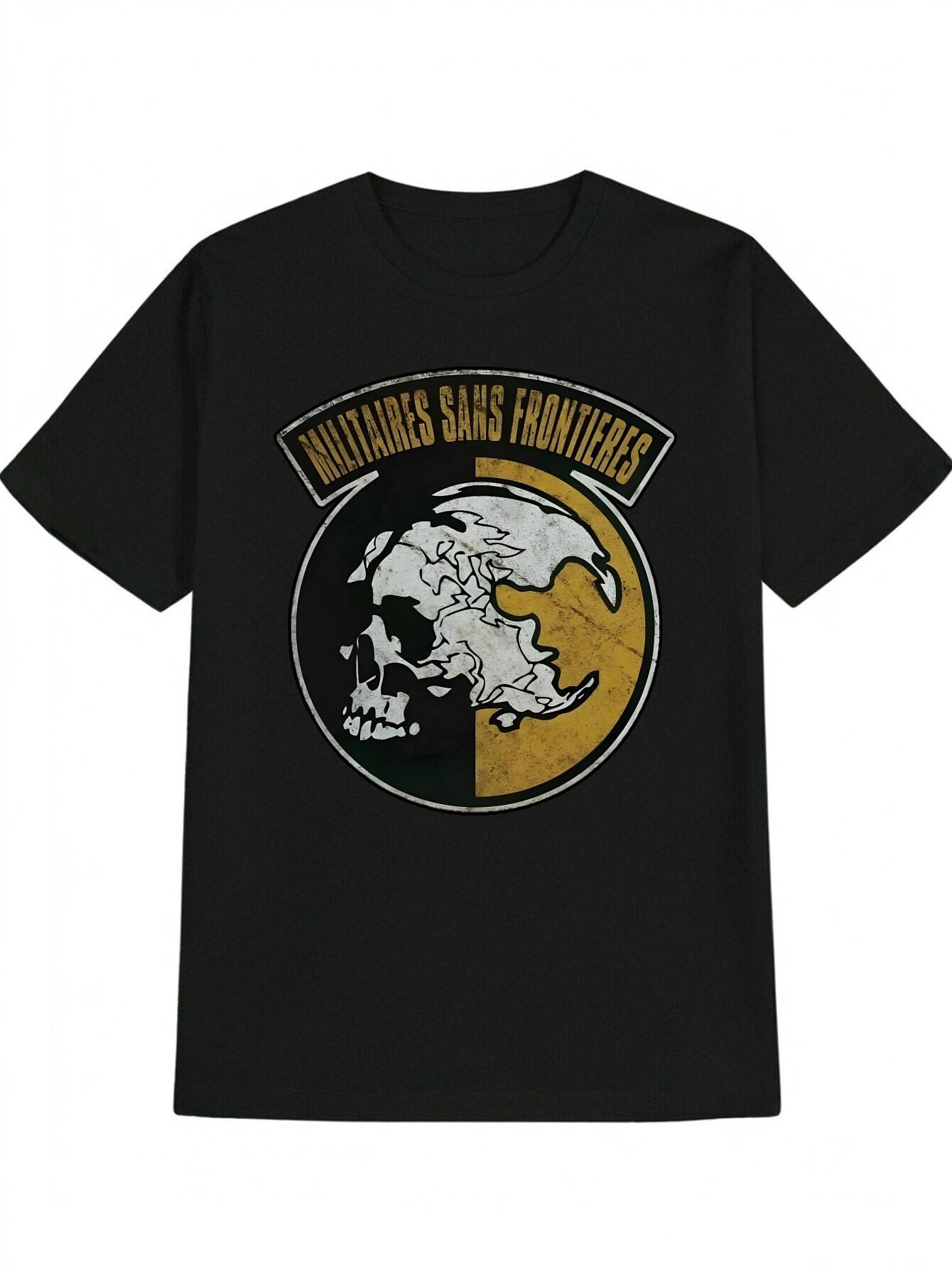 Casual Versatile Round Neck T-shirt with Black Arc MILITAIRES SANS FRONTIERES Print XXL