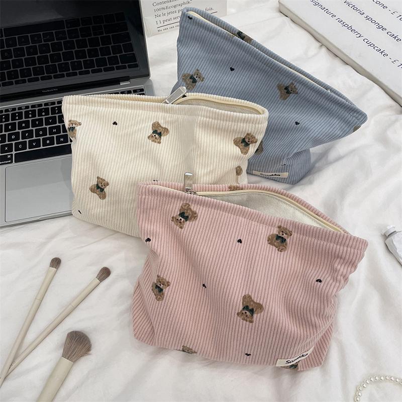 Portable Cartoon Bear Makeup Bag Corduroy Large Capacity Cosmetic Bag Pen Bags For Women Lady Girl