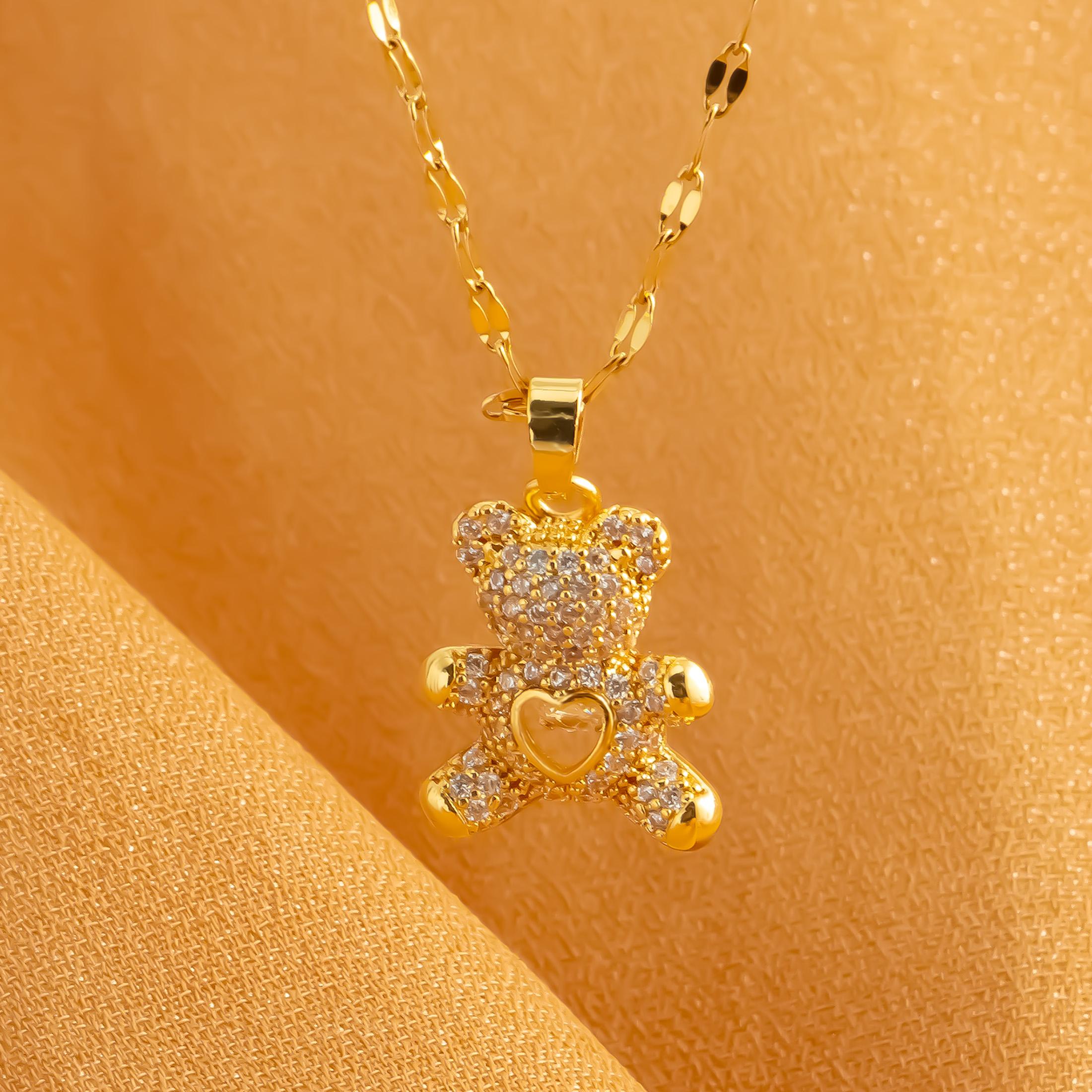 

Little Bear Inlaid Love Zircon Women s Party Stainless Steel Plated 18K Gold Hypoallergenic Jewelry Pendant Necklace золотой