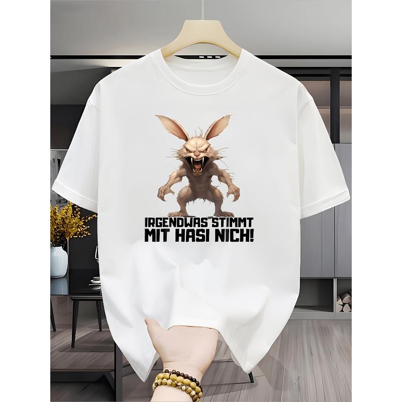Herrenmode Rundhals-T-Shirt, Dunkler Humor Meme-Stil Herren Kurzarm, Gewaltiger Cartoon-Hase Deutscher Humor Stil, Wesentlich für den täglichen Weg