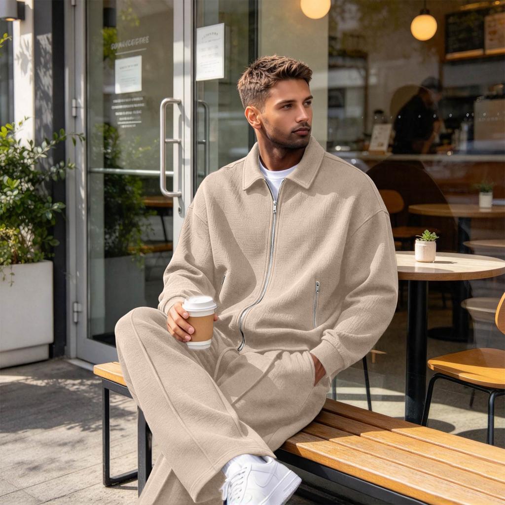 Men's Knit Zip-Up Lapel Jacket Sweatshirt and Straight-Leg Sweatpants Set, Loose Fit Outfit
