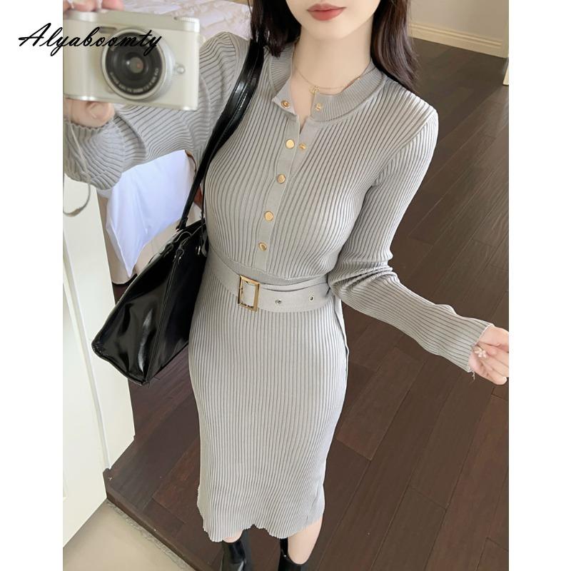 Autumn Winter Women Basic A-Line Sweater Dress O Neck Grey Black Blue Knitting Dress Knitted Bodycon Elegant Feminine Split Dress With Belt