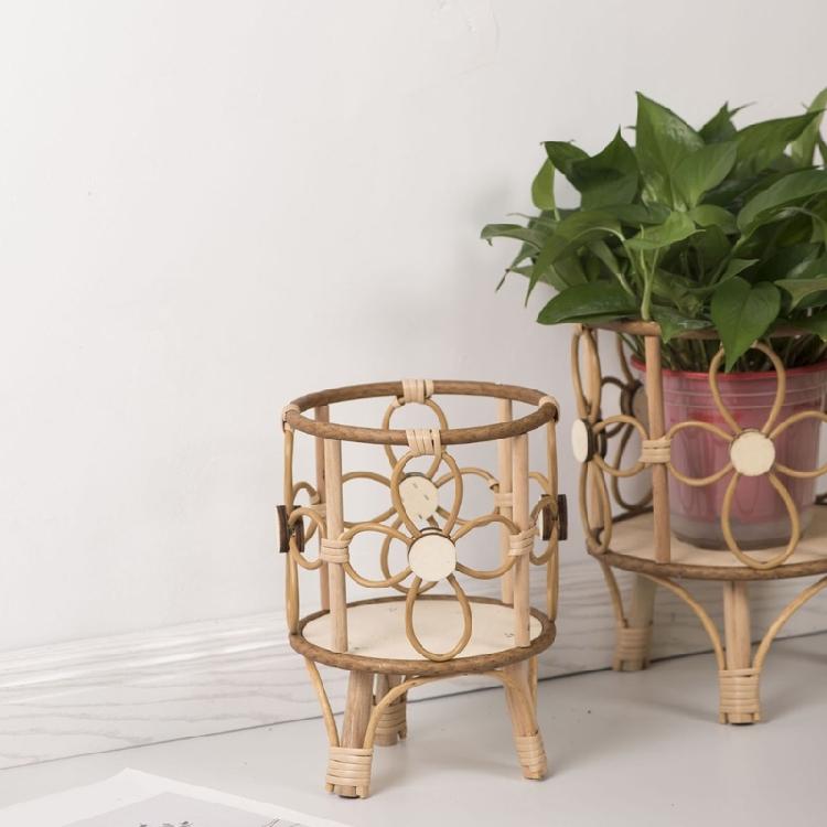 Rattan Indoor Plant Stand Straw Woven Flowers Pots Holder Stool with Legs Floor Planter Baskets Rack Wood Plant Shelf