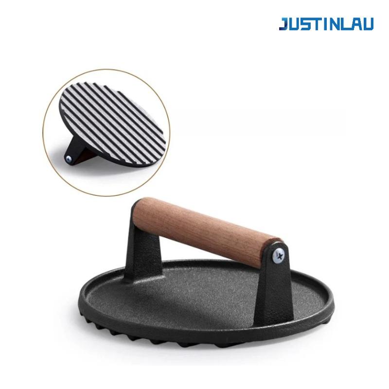 

Cast Iron Uncoated Square Circular Meat Press Solid Wood Handle, Hamburger Patty Maker Barbecue Fried Meat Press Tool