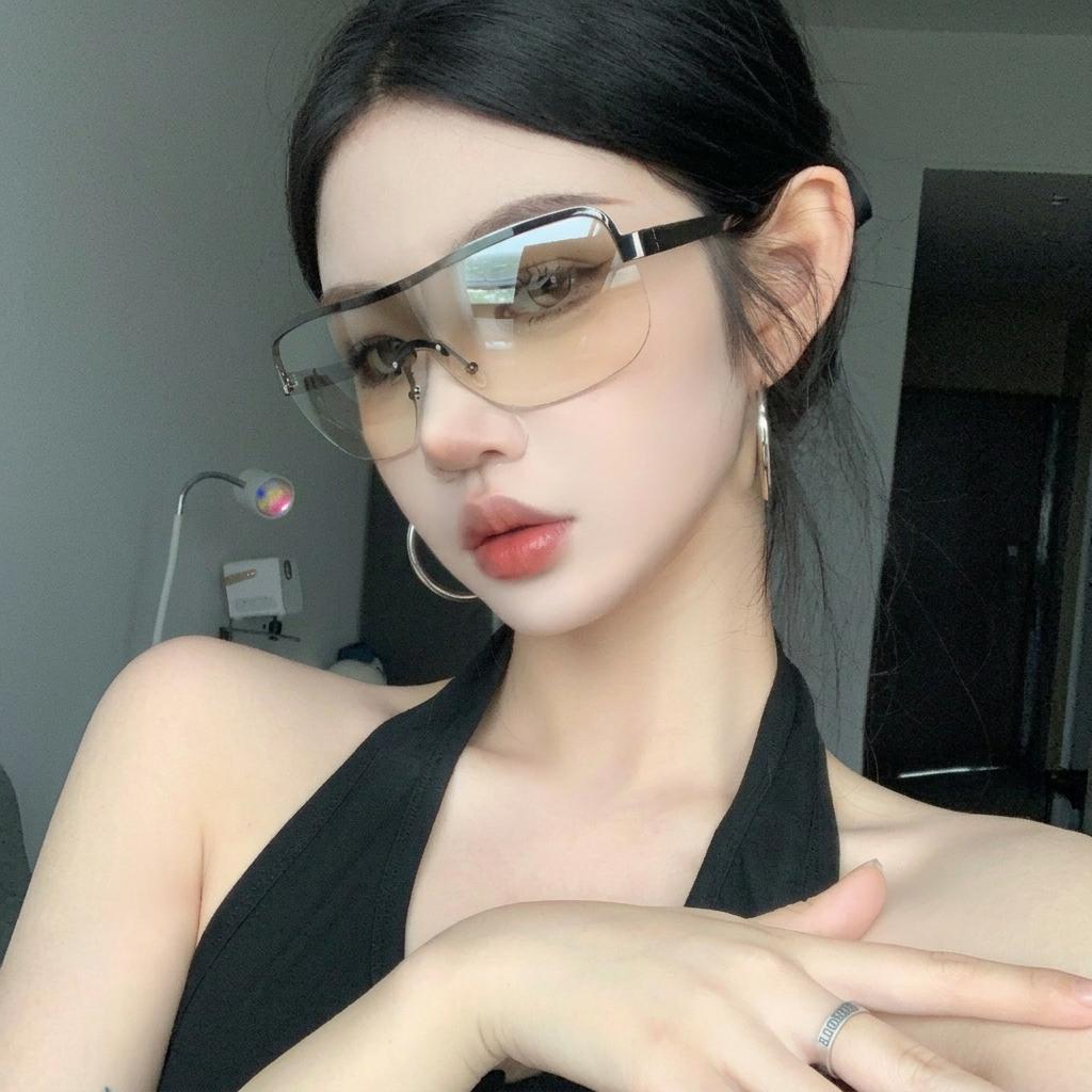 Oversized Sunglasses Lightweight Bronze Metal Frame Shades Unisex Sunglasses Trendy Half Rimless Sunglasses For Driving
