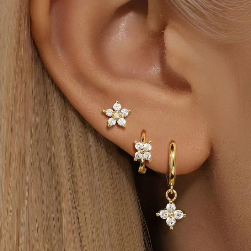 3PCS Fashion Cute Zircon Flower Ear Stud For Women Fashion 18K Gold Plated Star Ear Stud Earring Piercing Girl Set Jewelry Gift