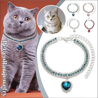 Collar de Gato de Cristal de Lujo Collar con Colgante de Corazón Collar para Mascota Ajustable Anillo para Cuello de Perro Pequeño Gato Collar con Pedrería Accesorios para Mascotas