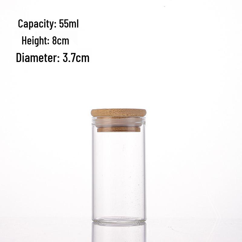 Agarwood Bamboo Lid Glass Display Bottle for Tea and Spices, 37mm Straight Opening.