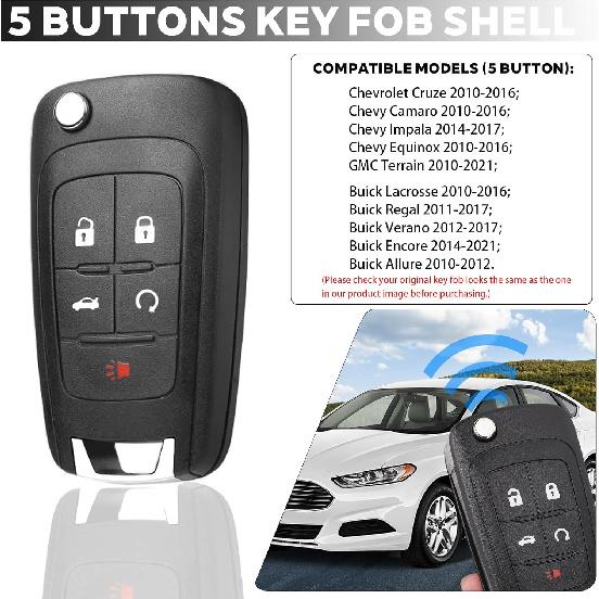 2 Pack 5 Button Key Fob Case For Chevy Cruze Equinox Impala Camaro Malibu Sonic GMC Terrain Buick Lacrosse Regal Verano Encore  2018 2017 2016 2015