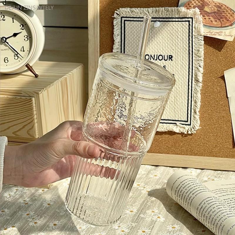 600ml Stripe Glass Cup with Lid and Straw Transparent Drinking Glasses for Juice Water and Iced Coffee Cups Mug Drinkware