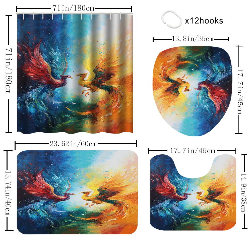 1/4 Phoenix Shower Curtains, Toilet Seat Decoration, Shower Curtain With Carpet And Toilet Lid, 12 70.8X70.8 Inch Hooks