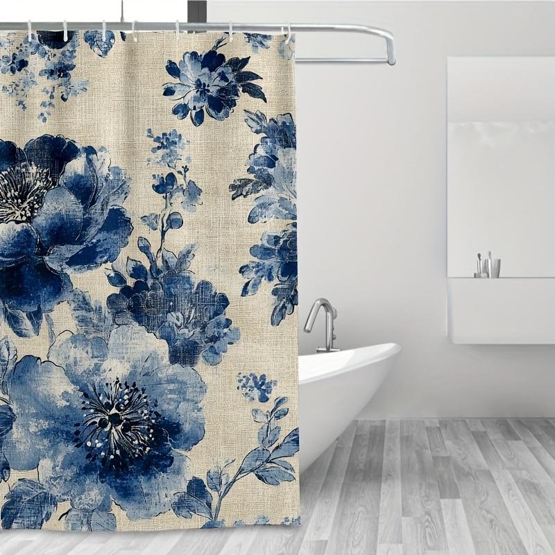 1 Stück Orientalischer Blauer Blumiger Boho-Duschvorhang, Eklektische Blumenmuster, Tiefblau & Beige, Ideal für Badezimmer-/Badewannen-/Fensterdekoration