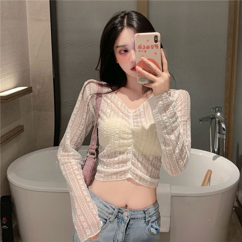 

Белый кружевной кроп-топ с длинными рукавами и вырезами для женщин, летняя прозрачная кружевная рубашка, открывающая живот, для защиты от солнца 2XL