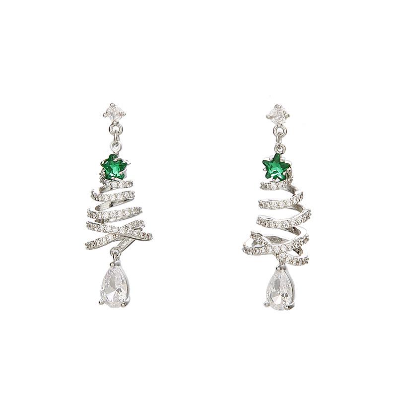925 Silver Christmas Tree Zircon Stud Earrings - Elegant Holiday Jewelry for Women