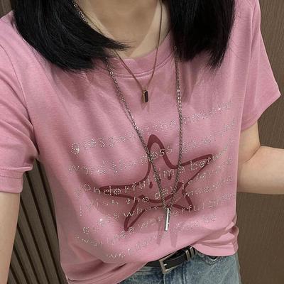 Ladies' Short-sleeved Summer Lettered Rhinestone Stylish Mini Top, Korean Style, Versatile and Slimming Top