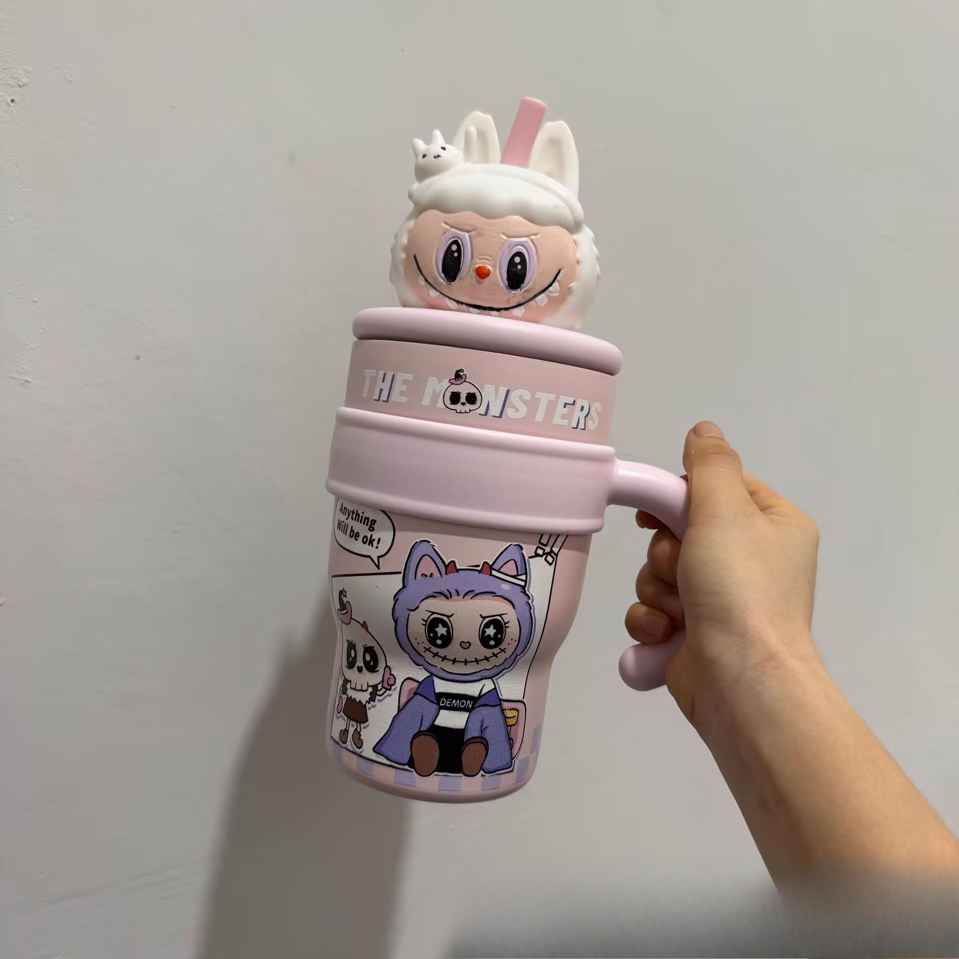 

Cartoon Doll Bingba Thermos Cup 304 Stainless Steel Water Cup with Handle Portable Straw Cup 600ml