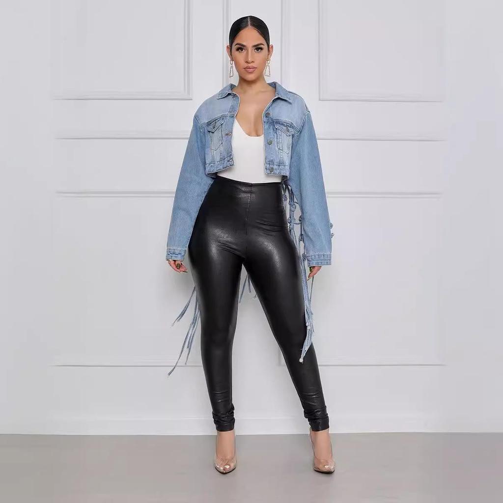 2024 Nová dámská džínová bunda se síťovinou a třásněmi