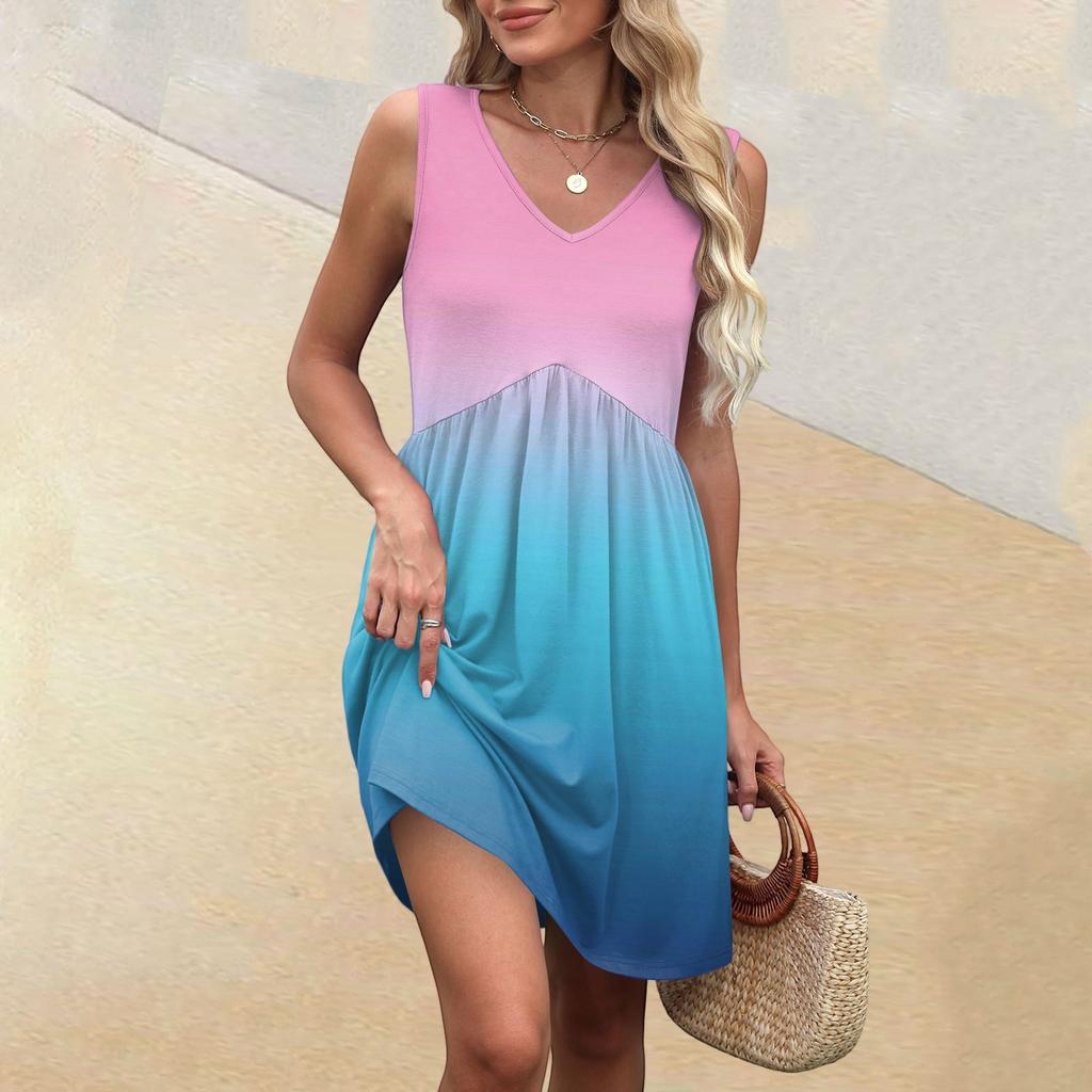 Women's Summer V-neck Casual Beach Vacation Style Gradient Sleeveless Patchwork Dresses