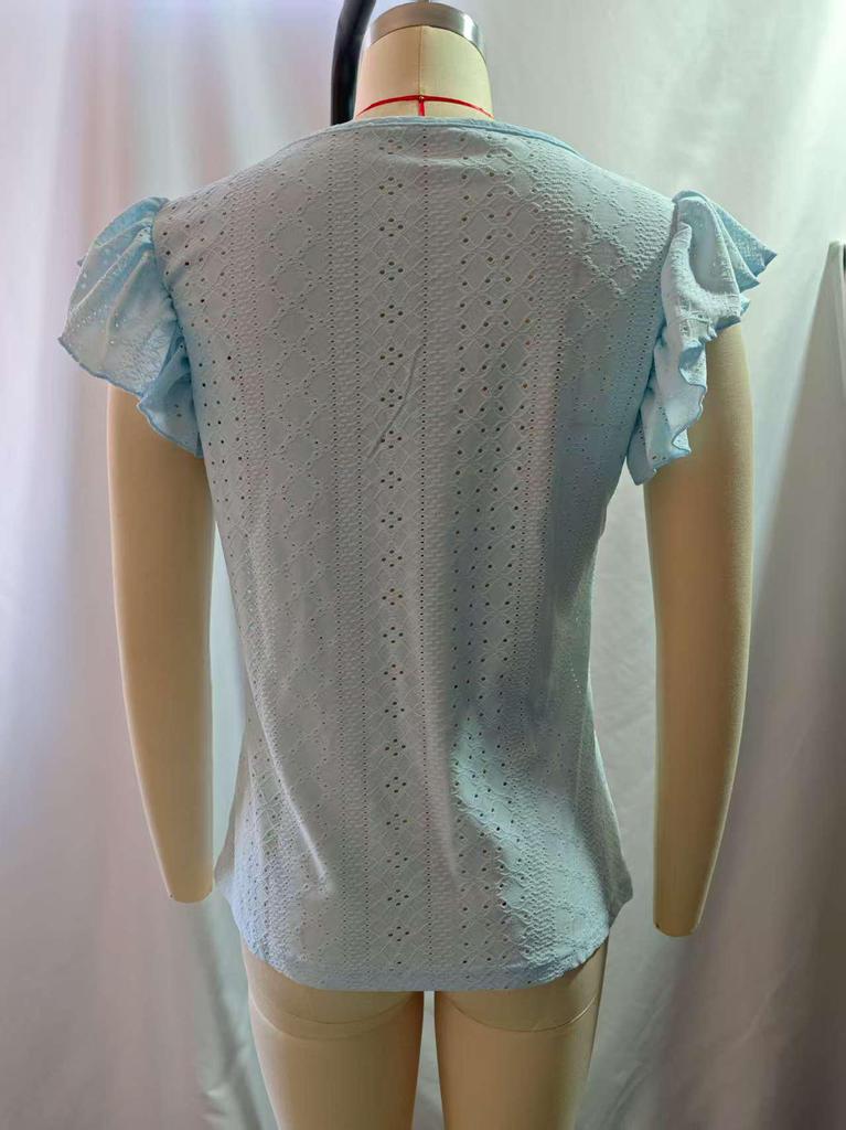 2025 Summer European & American V-neck Jacquard Long Sleeve Women's T-shirt