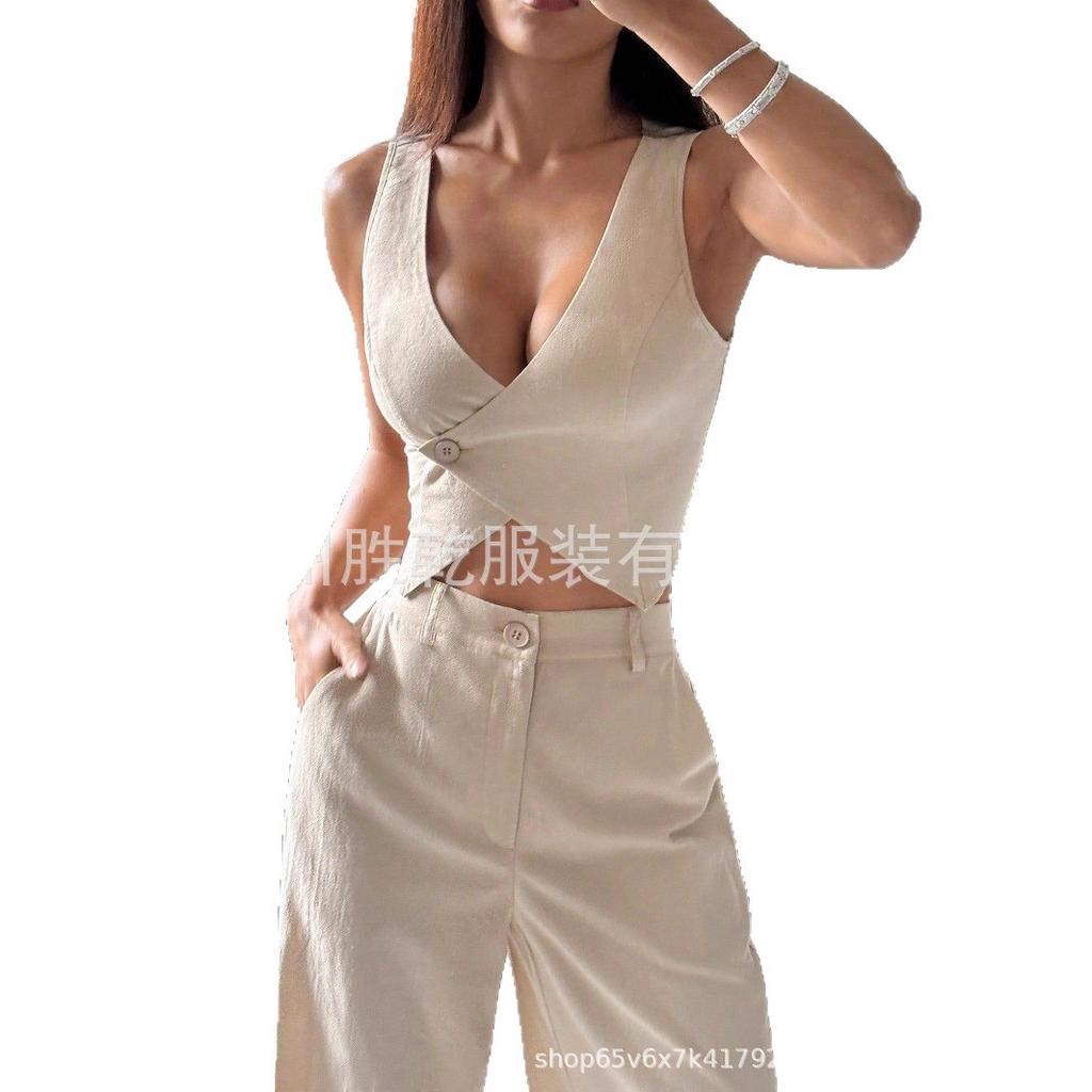 1116 European and American Summer New Set One Button Vest Top High Waist Wide Leg Trousers Two-piece Set