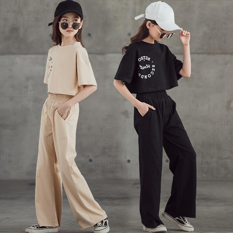Girls' Suits, Summer, Big Children's Short-sleeved Short-sleeved Tops, Wide-leg Pants, Two-piece Suit