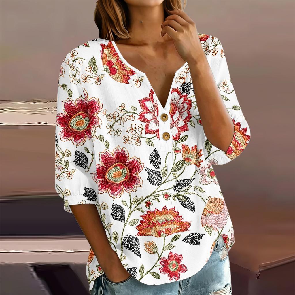 Women Floral Print Henley Button Neck Shirt Three Quarter Sleeve Cotton Linen Blouse Casual Loose Fit Top