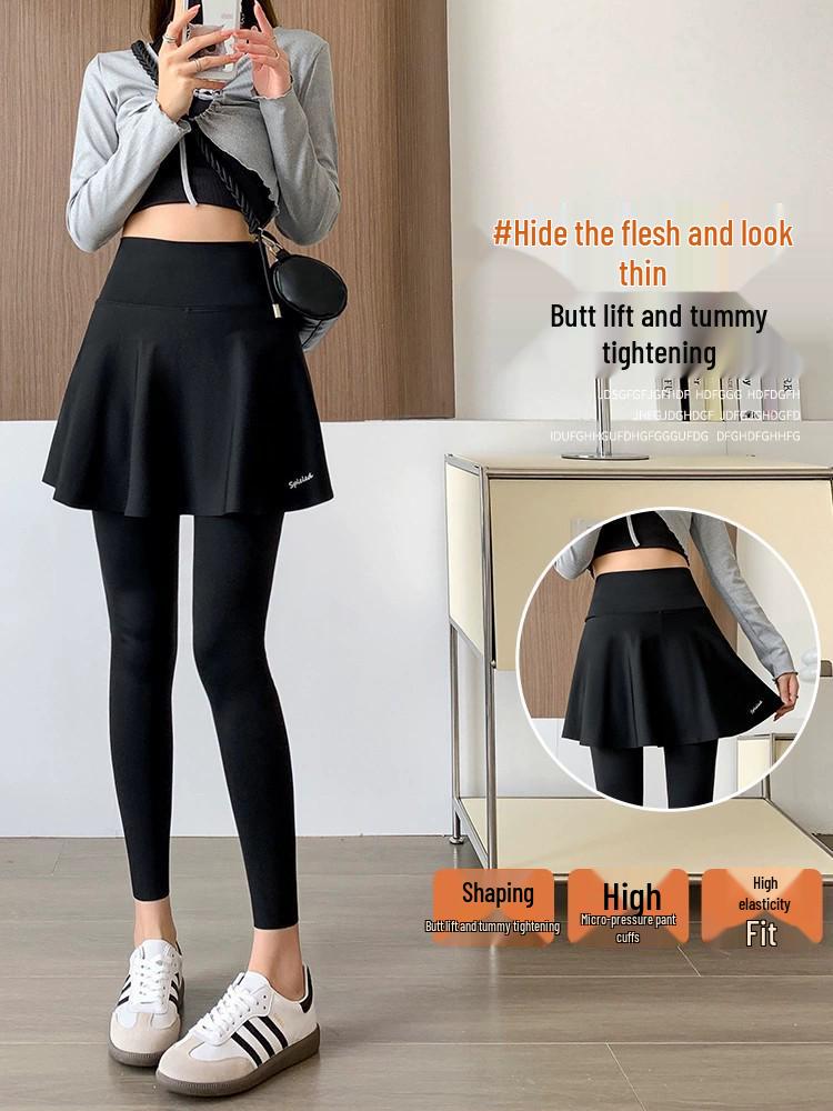 Women's Fleece-Lined Two-Piece Yoga Pants & Skirt - High-Waisted, Thickened for Slimming, Ideal for Autumn/Winter Fitness & Outerwear.