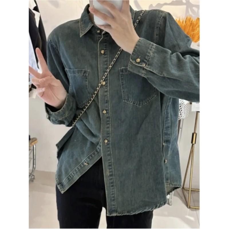 Women's Vintage Aged Denim Shirt Solid Color Straight Design Layering Top