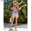DX~Women's Cotton Linen Shirt Short Sleeved Henry Shirt Button Up V-neck Casual Work Top with Two Pockets