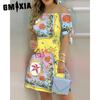 GMXIA Women Fashion Off Shoulder Dress Short Sleeve Bow Tie Print Dresses Summer Beach Dresses Plus Size