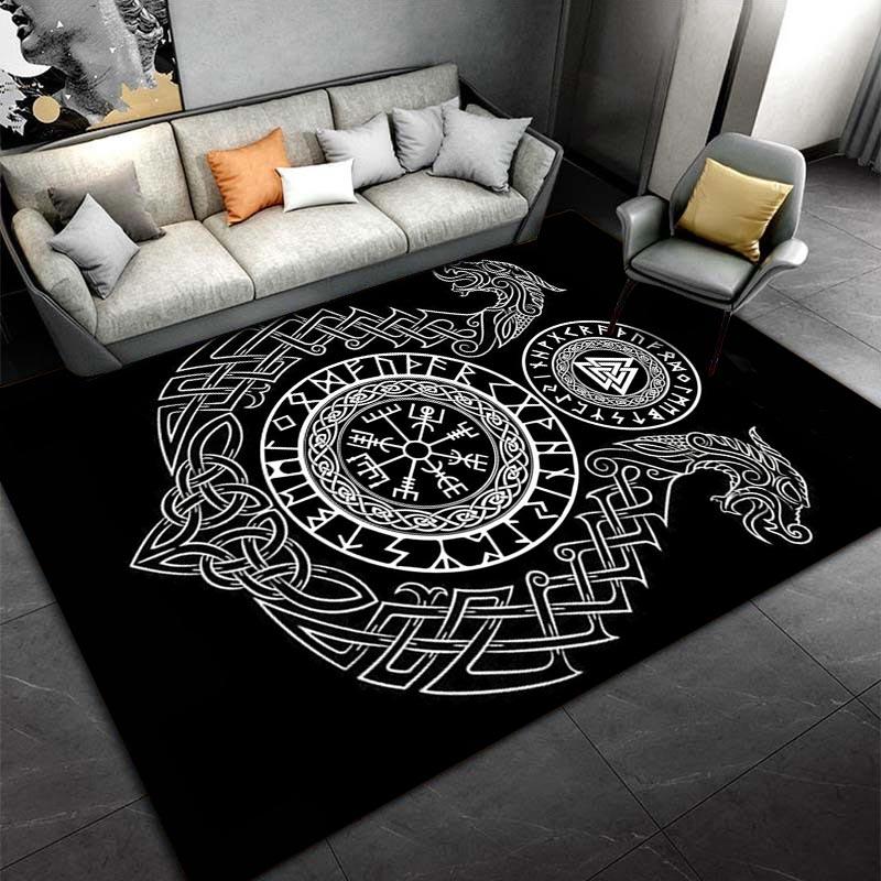 "Nordic Viking Black Carpet with Runes, Dragon Symbols, and Knotwork" Suitable for Use As an Anti-slip for Living Room Bedroom Sofas