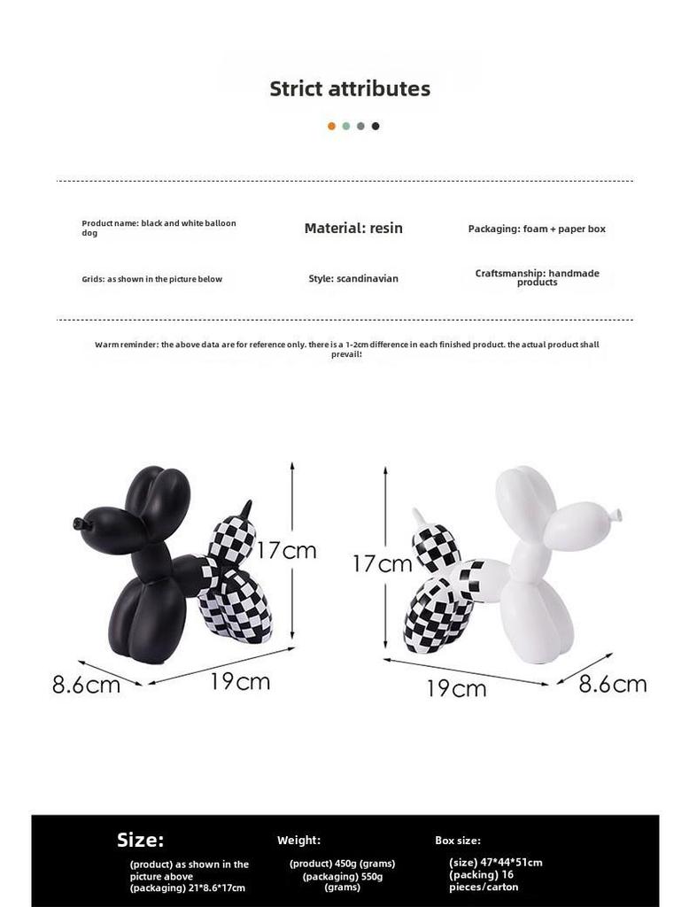 Plaid Balloon Dog Ornaments: Black & White Resin Decor for TV Cabinets & Living Rooms