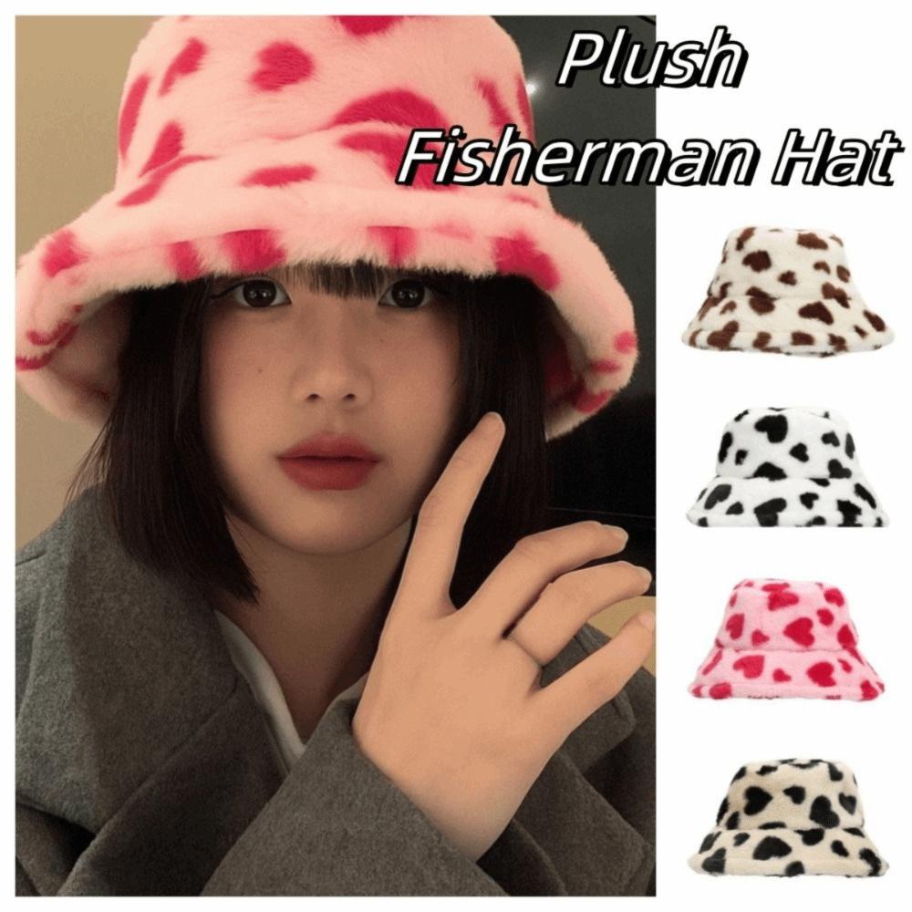 Faux Fur Plush Fisherman Hat Fluffy Winter Plush Hat Sweet Love Heart Bucket Hat  Autumn