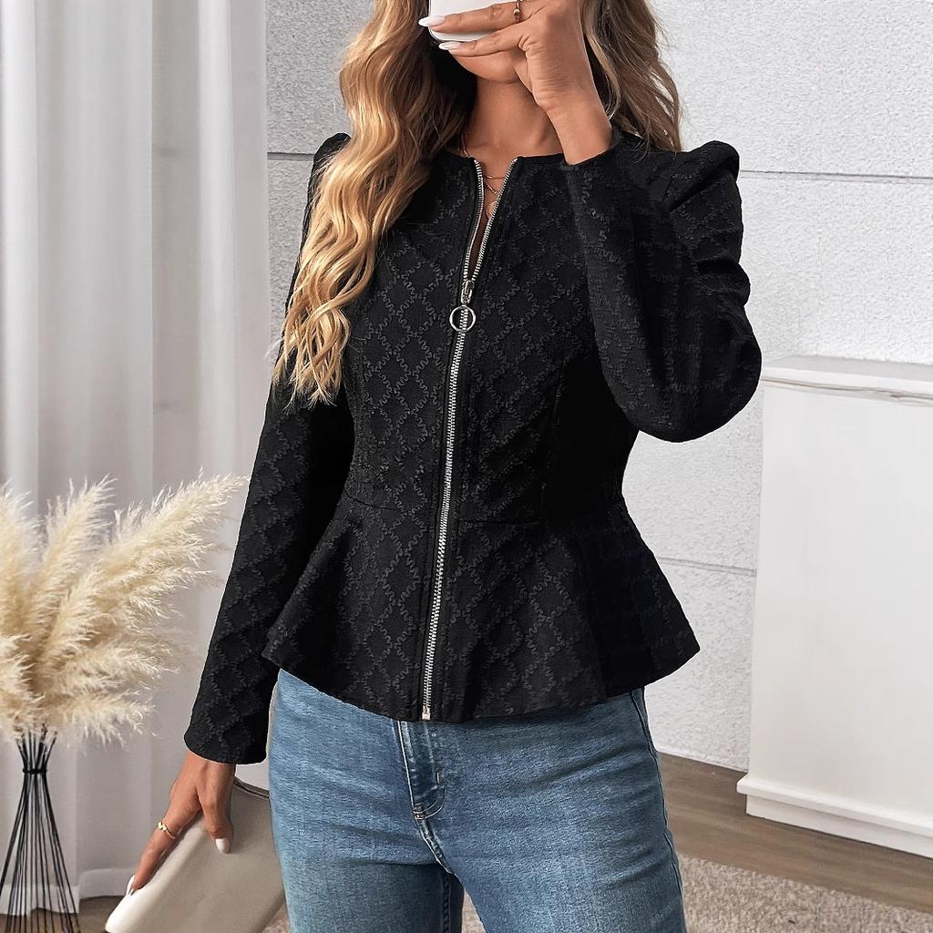 Women's Autumn Coat, Fashionable and Slim-fitting, Solid Color, Embossed, Fitted Waist, Long Sleeves, Round Neck Zipper Coat, Solid Color Design