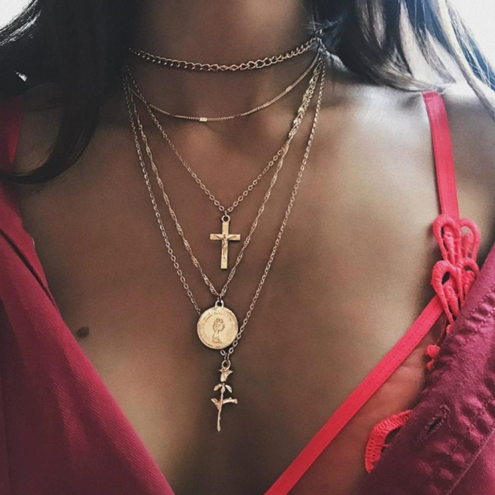 European and American Trendy Women's Multi-layer Chain Rose Necklace - Exquisite Circular Cross Pendant