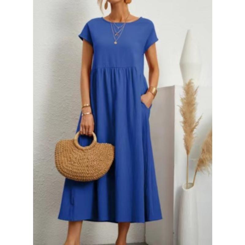 QICED Fashion Summer Spring Solid Color Print Short Sleeve O-Neck Casual Dresses