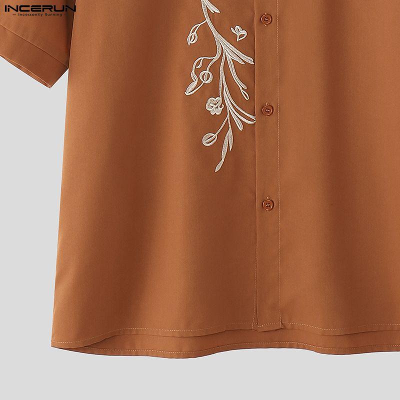 INCERUN Summer Men Short Sleeve Embroidery Loose Casual Vintage Shirts Tops
