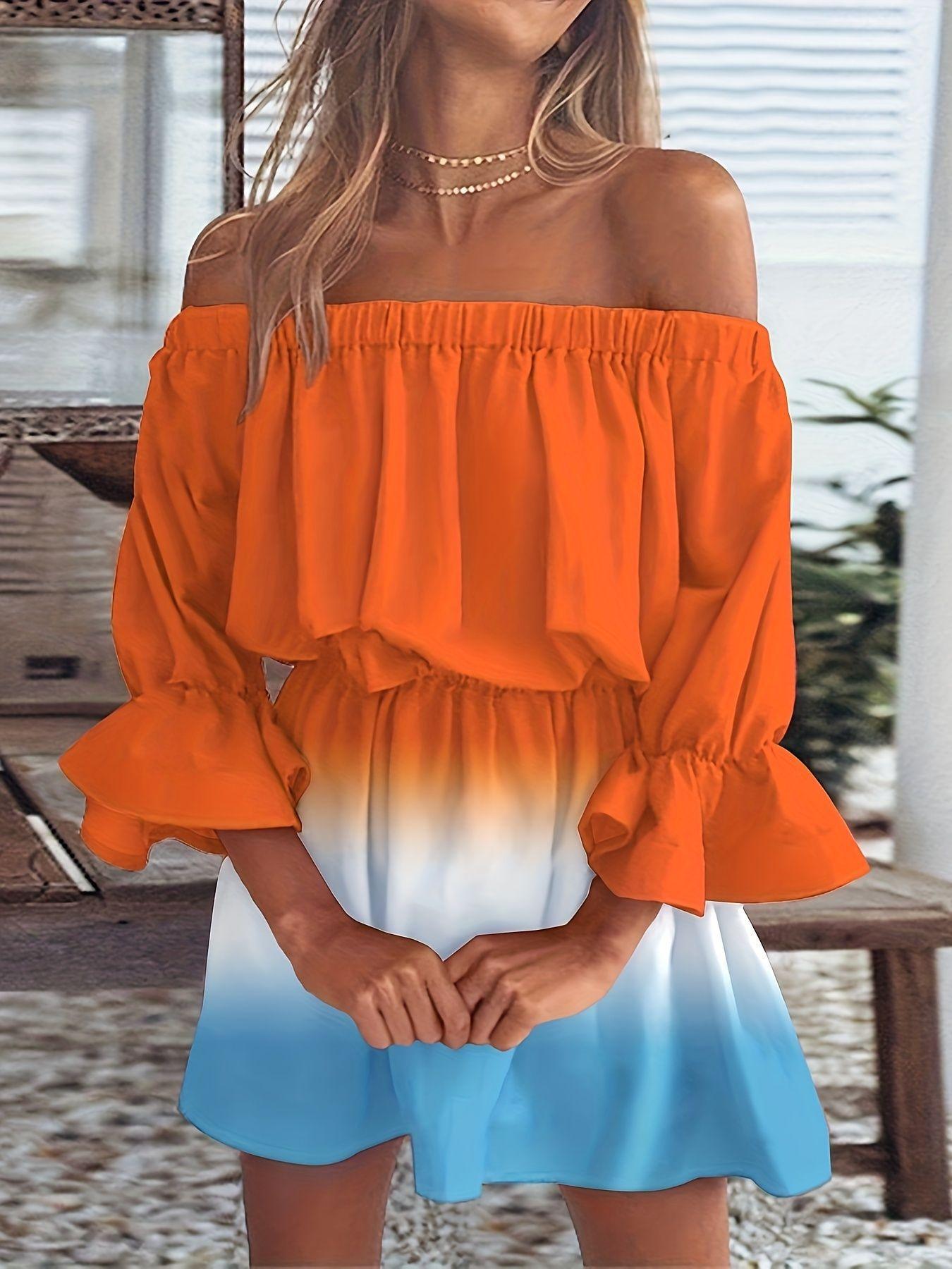 

Платье с рукавами в виде листьев лотоса 2025 года, весна-лето, новое однотонное плечо, постепенная смена цвета, юбка с открытыми плечами и талией XXL оранжевый