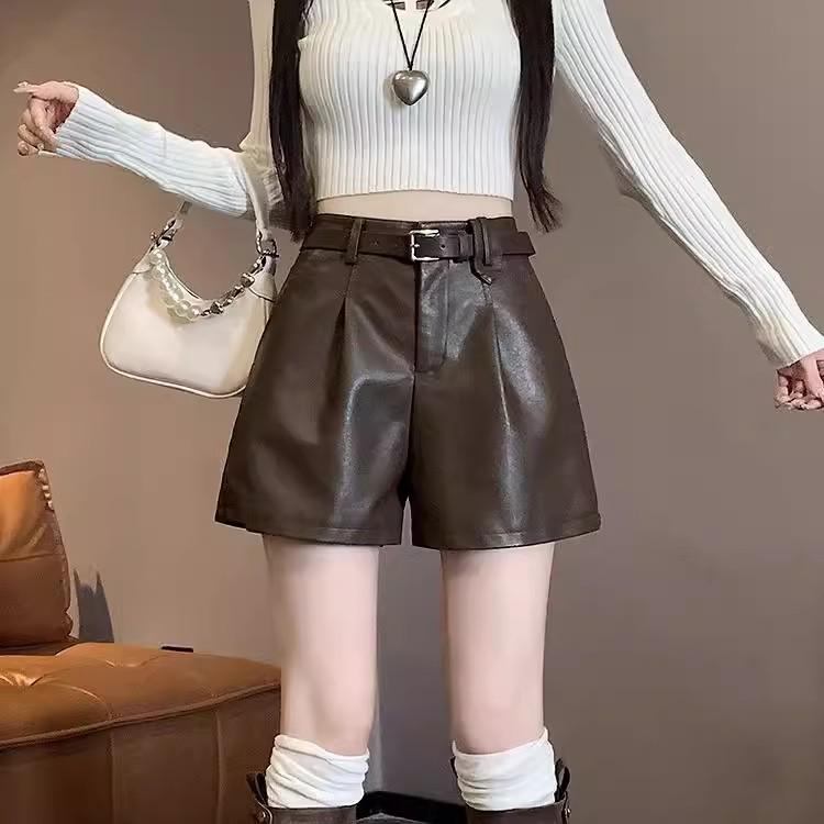 Women's 2024 Autumn/Winter Black High-Waisted Leather Wide-Leg Shorts - Casual, Slimming, Versatile Boot Pants