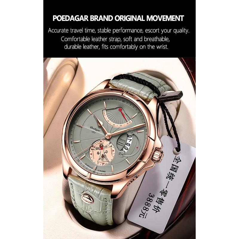 POEDAGAR Men Watch Fashion Top Luxury Sport Wristwatch Waterproof Luminous Leather Date Quartz Man Watches + Box
